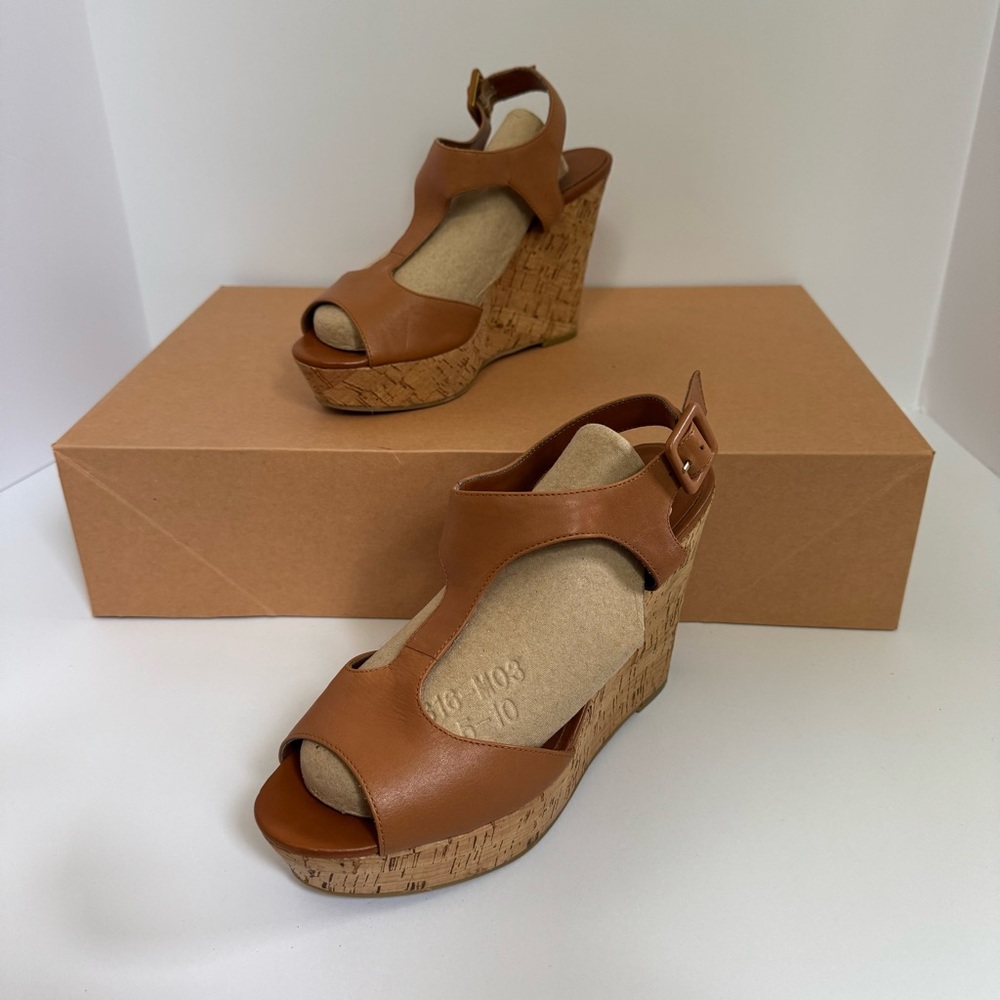 Dune London Brown Leather Adjustable Ankle 4.5" Cork Wedge Sandal Size 8